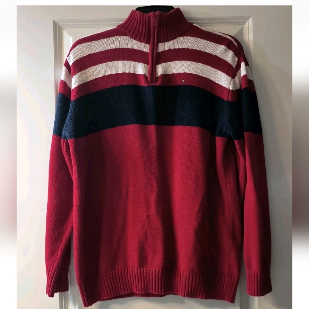 Tommy Hilfiger Men's XL Sweater Red White Blue Stripe Mock Neck Pullover Y2K